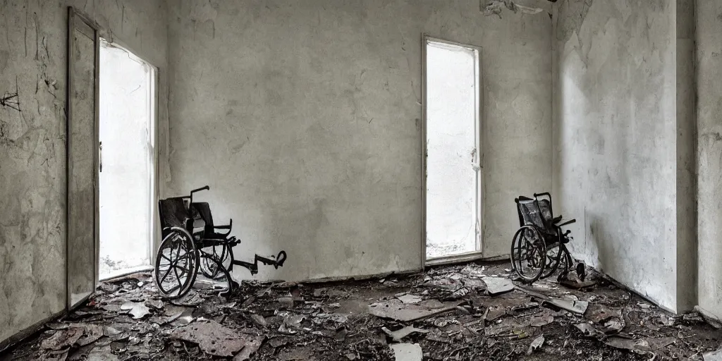 Image similar to abandoned psychiatric ward with paint peeling of the walls, dirty floor, broken wheelchair, stained bed, 1 9 0 0 s photography