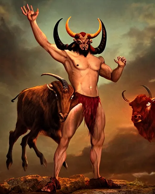 Image similar to a red skinned highly muscular devil satyr with goat legs, yellow goat eyes, long pointy chin, red face, and two huge water buffalo like black horns jutting out from the top of his large red head, in the style of darkness from the movie legend