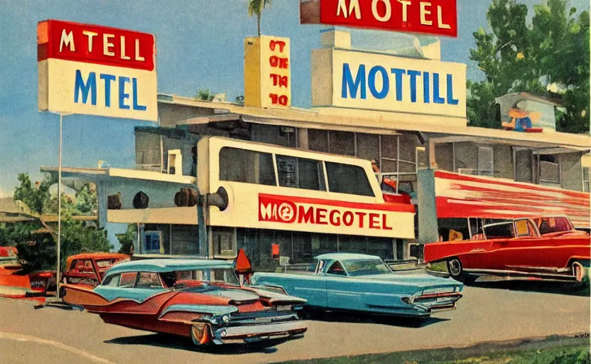 Image similar to 1 9 6 0 s americana painting of a motel and motel sign with cars parked outside by norman rockwell