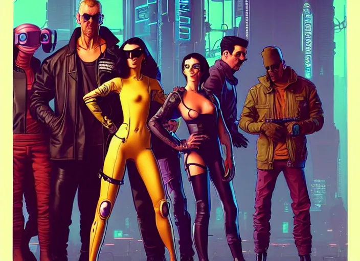 Prompt: cyberpunk heist crew. portrait by stonehouse and mœbius and will eisner and gil elvgren and pixar. character design. realistic proportions. cyberpunk 2 0 7 7 character art, blade runner 2 0 4 9 concept art. cel shading. attractive face. thick lines. the team. diverse characters. artstationhq.