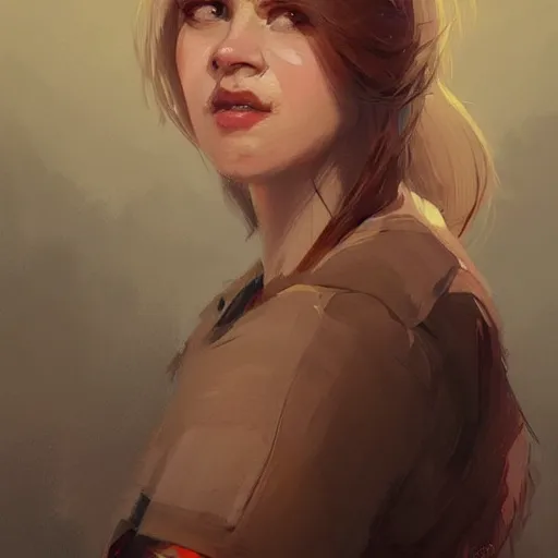 Image similar to portrait of a super friendly woman by greg rutkowski, he is about 2 9 years old, english, auburn slightly red shoulder length hair, brown eyes, cute chubby face, highly detailed portrait, digital painting, artstation, concept art, smooth, sharp foccus ilustration, artstation hq