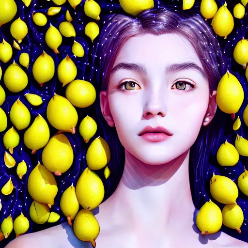 Image similar to the portrait of an absurdly beautiful, graceful, elegant, sophisticated, young teen girl made up of lemons looking up, an ultrafine hyperdetailed illustration by kim jung gi, irakli nadar, intricate linework, bright colors, octopath traveler, final fantasy, unreal engine 5 highly rendered, global illumination, radiant light, detailed and intricate environment