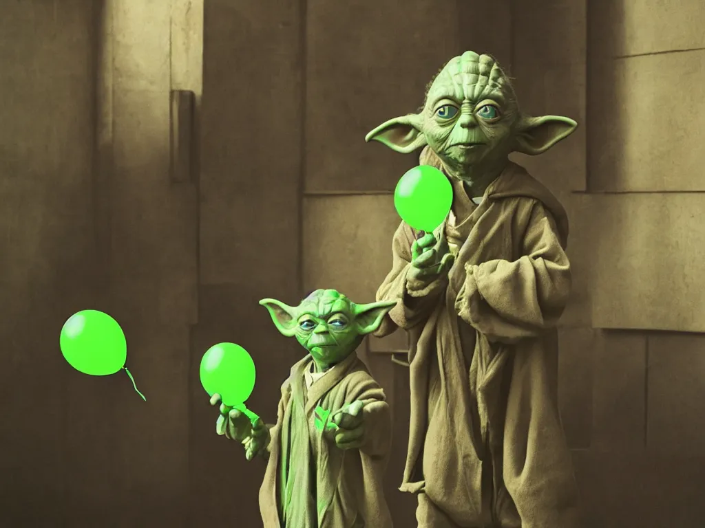 Prompt: a photo of yoda holding a green balloon in the tokyo suburbs by wes anderson, highly detailed, trending on artstation