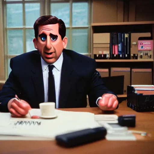 Prompt: 85mm of Muppet Michael Scott from The Office sitting at his desk shot on 35mm film ultra realistic