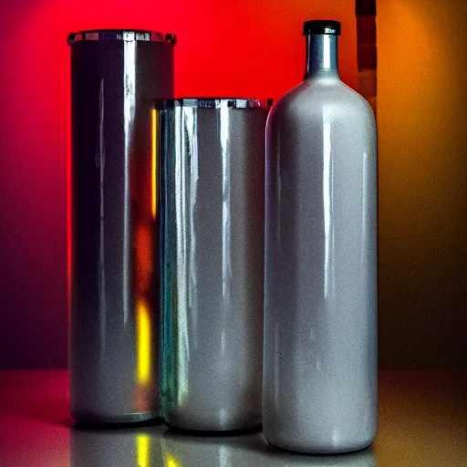 Prompt: an award - winning photo of a translucent glass vodka bottle in the shape and style of a propane cylinder with a yellow and red fire gradient in a warehouse, dramatic lighting, 2 4 mm, close up wide angle lens, ƒ / 8, behance, intricate details, 8 k