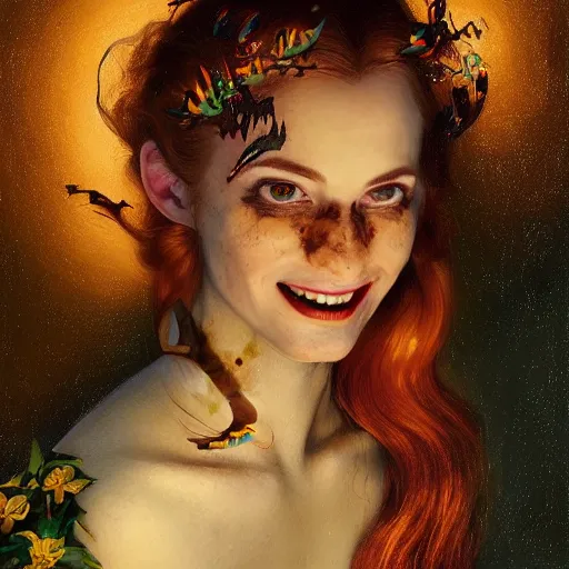 Prompt: a totally amazed smiling pretty batman surrounded by golden firefly lights in a mesmerizing scene, fully covering intricate detailed bohemian outfit, long loose red hair, precise linework, accurate green eyes, small nose with freckles, beautiful smooth oval head, expressive emotions, hyper realistic ultrafine portrait by artemisia gentileschi, jessica rossier, greg rutkowski, artgerm