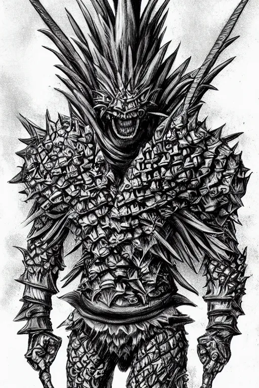 Image similar to screaming pineapple humanoid figure monster wearing themed armour, symmetrical, highly detailed, digital art, sharp focus, trending on art station, kentaro miura manga art style