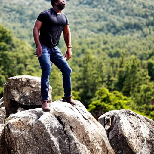 Prompt: dwayne jonson standing on a rock and singing in a rock concert