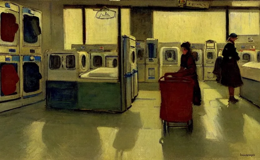 Image similar to interior of a modern laundromat at night, stanhope forbes, impressionist painting