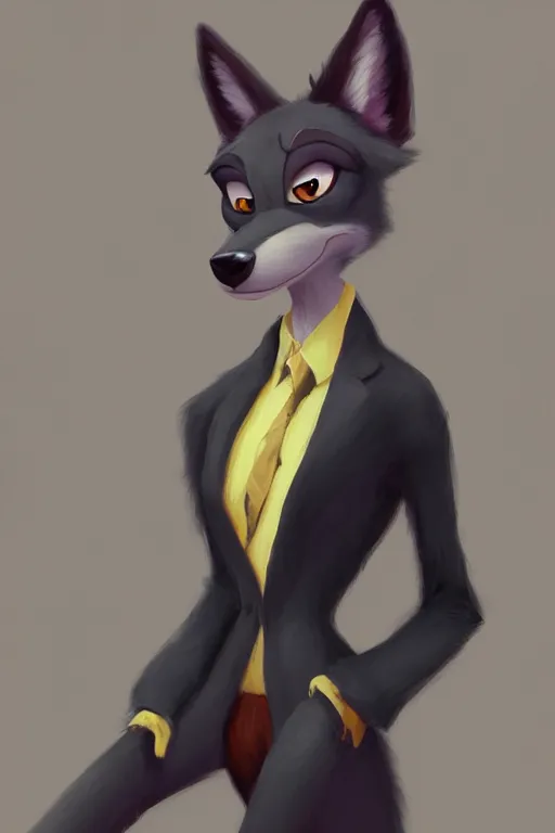 Image similar to oil painting of anthromorphic female wolf, in style of cory loftis, female fursona, furry, furaffinity, 4 k, deviantart, furry art, fursona art, wearing black business suit, business suit, in style of zootopia, wolf fursona, cyberpunk, female, very expressive detailed feminine face,