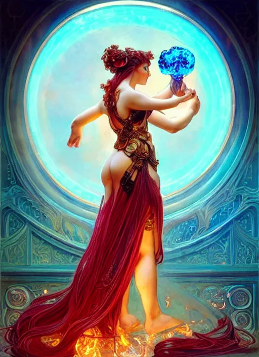 Prompt: the greek goddess hestia, hair made of fire, steampunk, beautiful glowing eyes, volumetric lights, red and cyan theme, art nouveau botanicals, intricate, highly detailed, digital painting, artstation, concept art, smooth, sharp focus, cinematic, illustration, beautiful face, art by artgerm and greg rutkowski and alphonse mucha