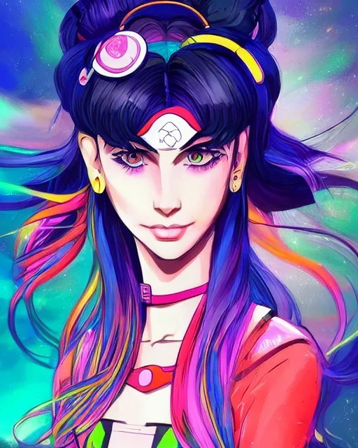 Prompt: poster woman with futuristic streetwear and long hair, colourful, pretty face, intricate eyes, elegant, Anime by Roset Conrad Sailor Moon Kuvshinov Ilya 4k, HDR, Graphic Design, Behance Trending on artstation, award winning