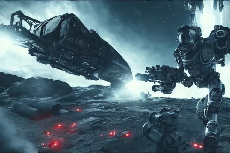 Image similar to VFX movie of a futuristic inhuman alien spacemarines in future spaceship, firing gun at space pirates detailed surface cinematic lighting by Emmanuel Lubezki