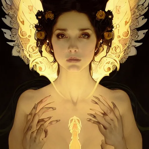 Image similar to A portrait of A beautiful! angel in black flames!! by Ross Tran!! and alphonse mucha and greg rutkowski! and gustav doré!!,In style of digital art illustration.Symmetry.Highly detailed face.Fantasy,smooth,hyper detailed,sharp focus,Soft light.trending on artstation.4k