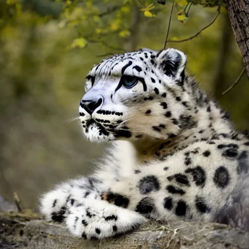 Image similar to anthropomorphic snow leopard leaning against a tree with a bow