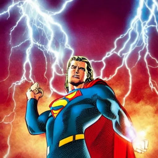 Image similar to Ultra-high resolution. Thor, Superman and Dr. Manhattanin in the Fortress of Solitude. Thor holding Mjolnir, Mjolnir shooting out lightning bolts, Vegvesir symbol in background.