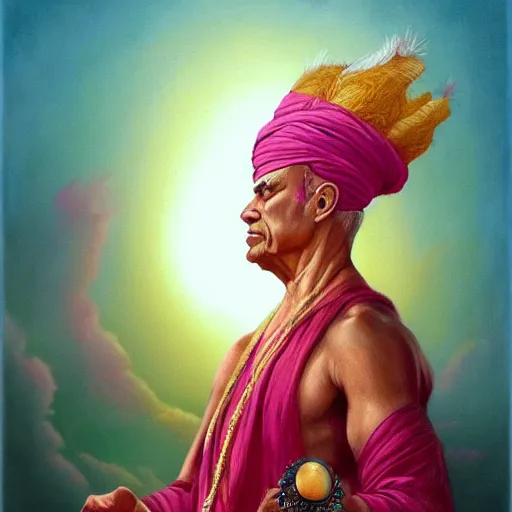 Image similar to wise old Indian guru, making fists, pink and gold, by Anato Finnstark, Tom Bagshaw, Brom