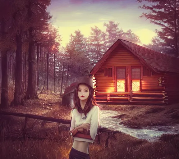 Image similar to a beautiful girl In front of the cabin, the country, by Artgerm Lau，hyperdetailed, trending on artstation, trending on deviantart