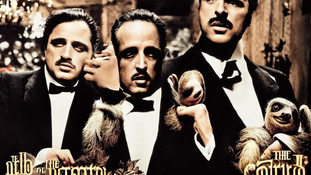Prompt: official poster of the movie the godfather with a sloth as marlon brando