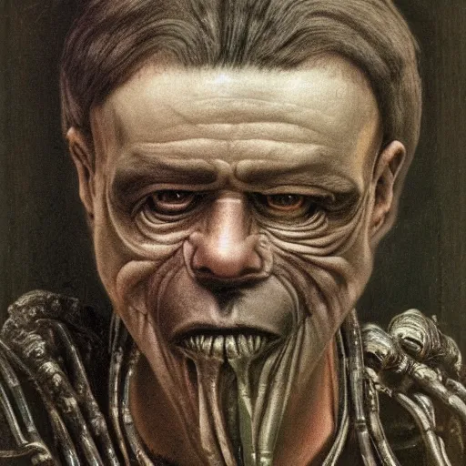 Image similar to portrait by h. r. giger of mikhail nikolayevich zadornov who became a degraded abomination, photo - realistic, color image, 2 k, highly detailed