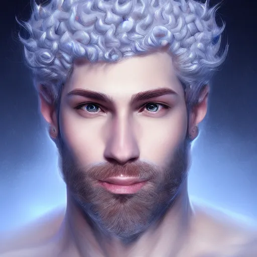 Image similar to award winning commission portrait of a man made of ice with curly hair,digital art,hyperdetailed,detailed fa e,ross tran,character design by charles bowater,deviantart,artstation,photorealistic,4k