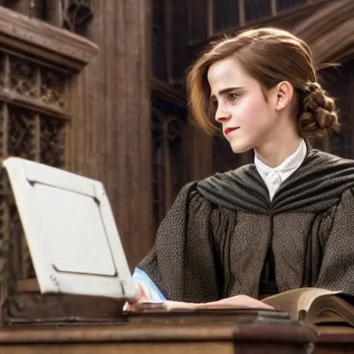 Image similar to Photo of Emma Watson using a computer next to Professor McGonagall in Hogwarts