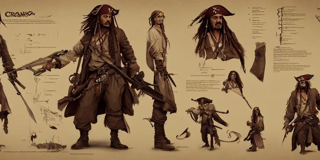 Prompt: jack sparrow, character sheet, concept design, contrast, kim jung gi, greg rutkowski, zabrocki, karlkka, jayison devadas, trending on artstation, 8 k, ultra wide angle, pincushion lens effect