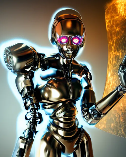 Image similar to A female cyborg extraterrestrial plastic and metal warrior with beaming nebulous eyes writing on a three-dimensional. computer hologram, insanely detailed