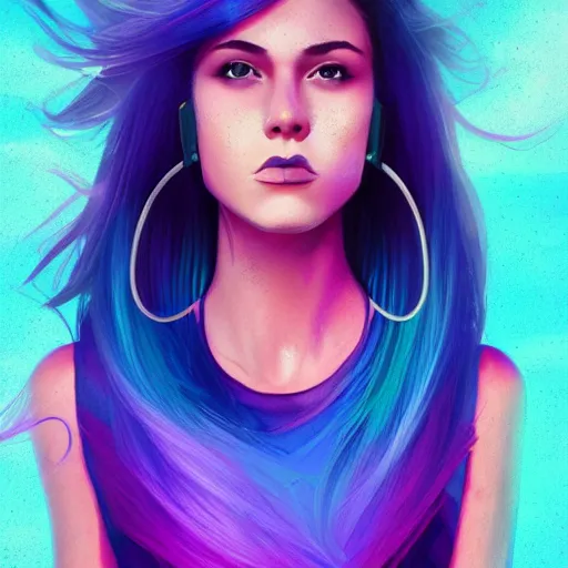 Prompt: a stunning upper body portrait of a beautiful young woman wearing futuristic navy blue and teal battle bodyarmor, ombre purple and pink hairstyle, hair blowing in the wind, hoop earrings, by marvel comics, digital art, trending on artstation