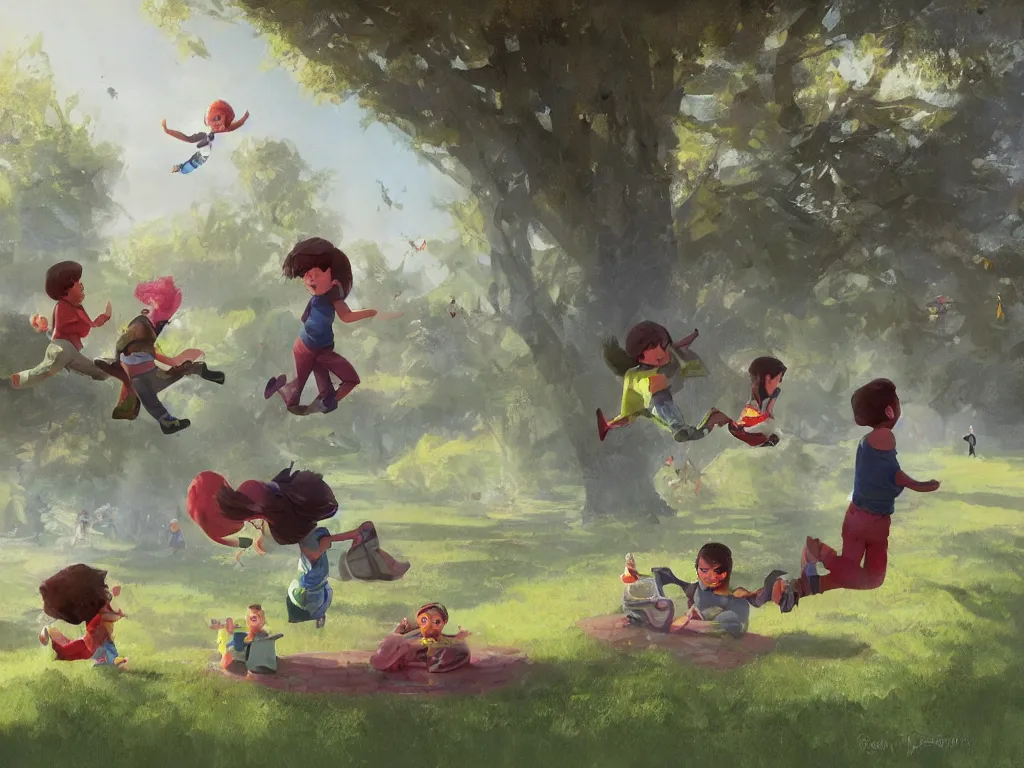 Image similar to happy children fly through a public park, by alejandro burdisio and bob bylerley and greg rutkowski