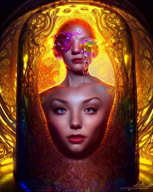 Image similar to a cute woman inside an ornate bottle of iridescent liquid, alchemy, intricate, bloom, detailed, volumetric lighting, sharp focus, photorealism, digital painting, highly detailed, concept art, by by artgerm and wlop