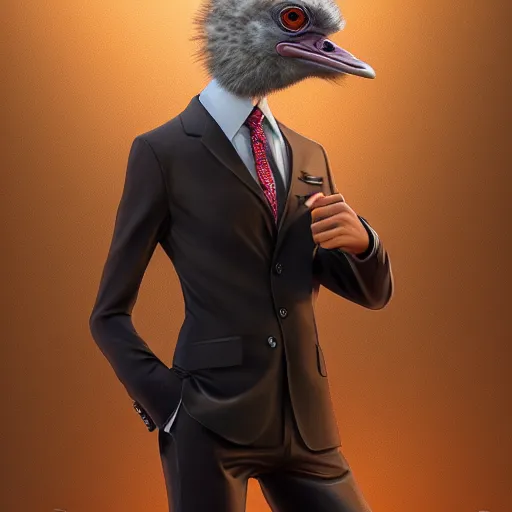 Image similar to an ostrich wearing a suit , made by Stanley Artgerm Lau, WLOP, Rossdraws, ArtStation, CGSociety, concept art, cgsociety, octane render, trending on artstation, artstationHD, artstationHQ, unreal engine, 4k, 8k,