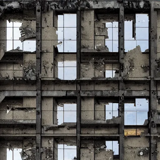 Image similar to a brutalist ruin, abandonned building in the forest in russia, building facing, reflections, broken windows, collapsed walls, symmetry, highly detailed, golden ratio, black and white color scheme, etching render