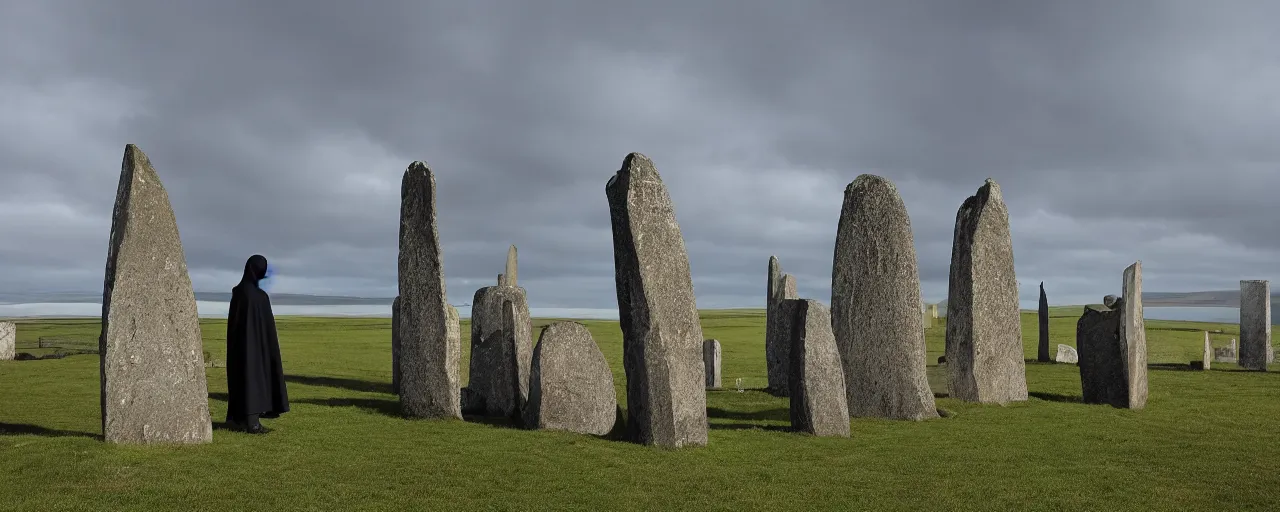 Image similar to The grim reaper stands large in front of neolithic standing stones of stenness, by studio Ghibli