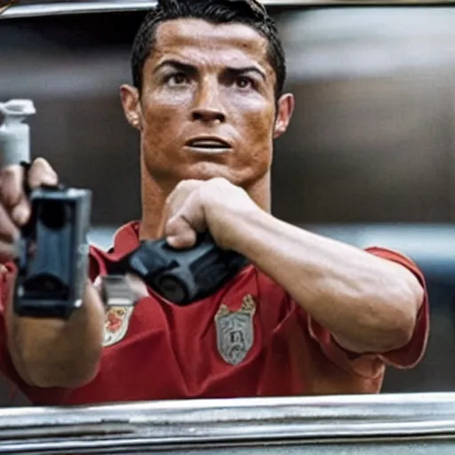 Prompt: movie still of cristiano ronaldo as Hanna in the movie Heat,