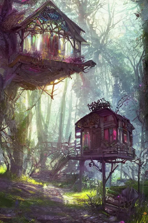 Prompt: a cheerful and whimsical ramshackle multistory hut in the woods, intricate, elegant, fantasy, highly detailed, digital painting, concept art, sharp focus, illustration, beautiful volumetric lighting, artstation, magic hour lighting, colorful, sunshine, springtime