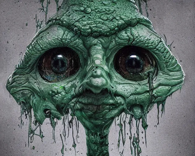 Image similar to Haunting horrifying hyperrealistic detailed painting of a tall slim spider extraterrestrial creature made of concrete stone brick, gelatinous green goop, heavy metal, disgusting, creepy, unsettling, and bloodshot eyeballs, hyper detailed, trending on Artstation