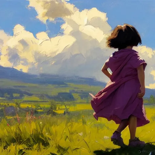 Image similar to Greg Manchess painting of dora the explorer, countryside, fantasy character portrait, dynamic pose, above view, sunny day, thunder clouds in the sky, artwork by Jeremy Lipkin and Giuseppe Dangelico Pino and Michael Garmash and Rob Rey, very coherent asymmetrical artwork, sharp edges, perfect face, simple form, wacky, 100mm