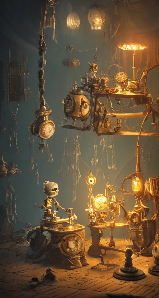 Image similar to a beautiful tapestry, a small robot playing 3 d chess, ultra detailed, subtle atmospheric lighting, shadows, night, steampunk, moody, candles, characters from machinarium, by don bluth, trending on artstation, octane render, 8 k, ultra realistic