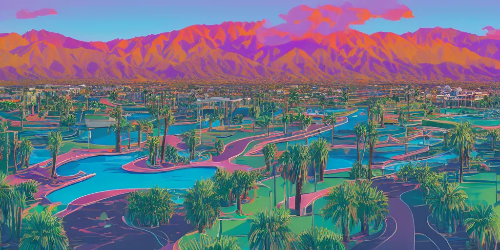 Prompt: a beautiful illustration of Palm Springs by James Gilleard, 8k, 4k