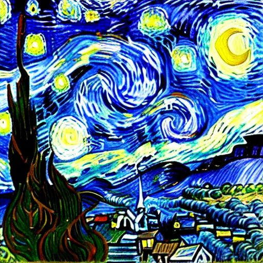 Image similar to painting of a starry night sky with homer simpson in a village, art by vincent van gogh