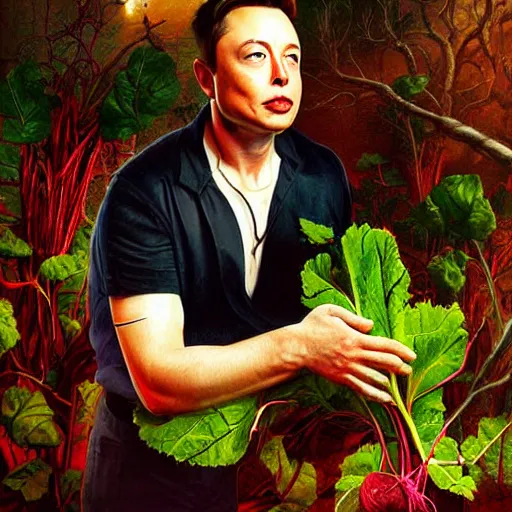 Prompt: realistic portrait beautiful painting elon musk mutate into a beets mutant. horror, created by thomas kinkade and michaelangelo,.