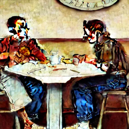 Image similar to Three students talking at a table artwork by Norman Rockwell, cinematic view, high quality
