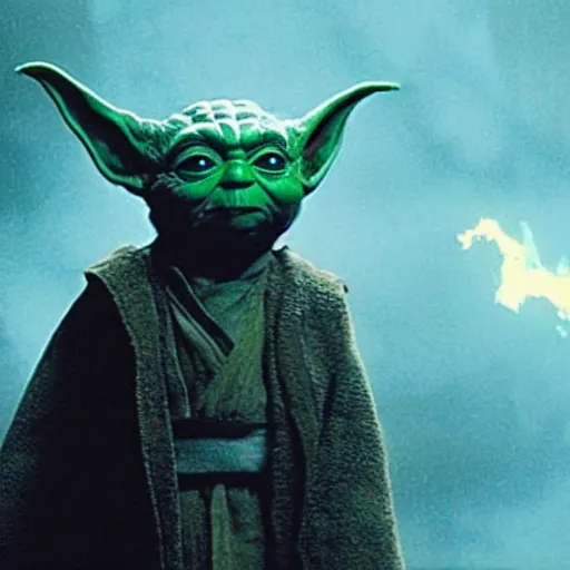 Image similar to movie still of yoda as godzilla destroying tokyo in the new godzilla movie, giant yoda