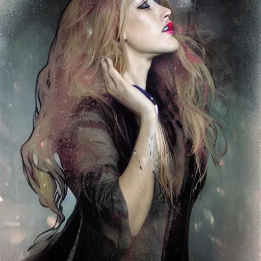 Prompt: hyperrealistic portrait of a woman as amber heard as a vampire witch tears makeup dramatic in a black flower coat reflection in a stone mirror portrait cracks with falling petals. by jeremy mann and alphonse mucha, fantasy art, photo realistic, dynamic lighting, artstation, poster, volumetric lighting, very detailed faces, 4 k, award winning