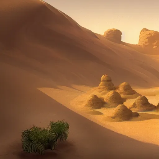 Image similar to a distant desert village, artstation, cgsociety