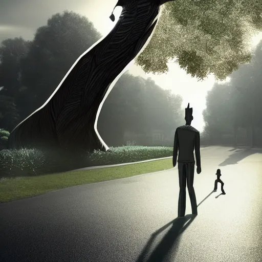Prompt: a tall monster with elongated limbs walking through a suburban neighborhood, realistic lighting