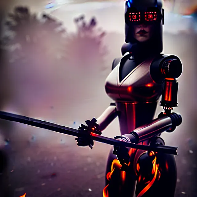 Image similar to robot woman hot fire dance holding katana, detailed pose, shibuya prefecture, cinematic lighting, fog mist smoke, photorealistic, night photography by tomino - sama