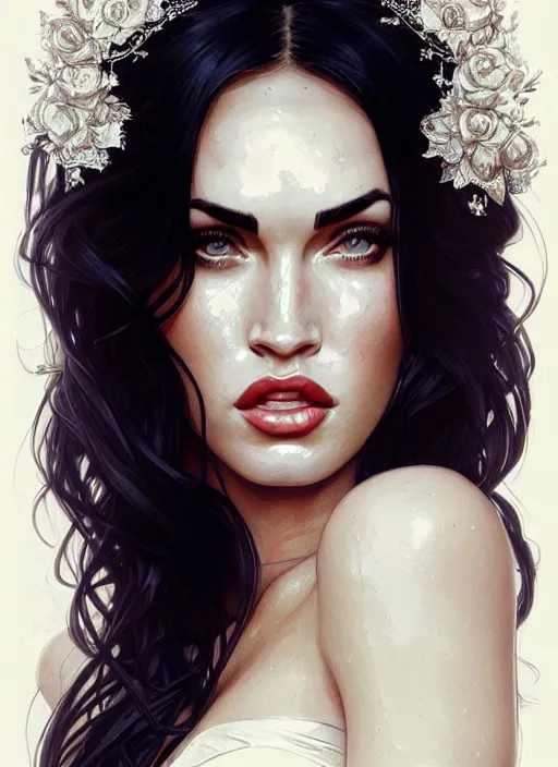 Prompt: portrait of megan fox as a bride, marriage, vail, wedding dress, white, gull, intricate, headshot, highly detailed, digital painting, artstation, concept art, sharp focus, cinematic lighting, illustration, art by artgerm and greg rutkowski, alphonse mucha, cgsociety