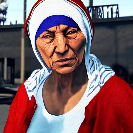 Image similar to Mother Theresa as a gangster in GTA5 8k hyperdetailed photorealism ultra high quality